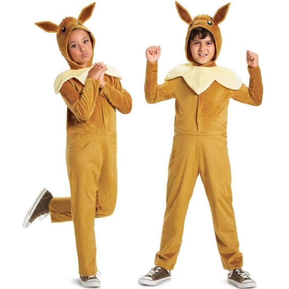 Pokemon EEVEE Halloween Costume 4/6 Brown 2 Pc Hooded Jumpsuit & Collar Unisex